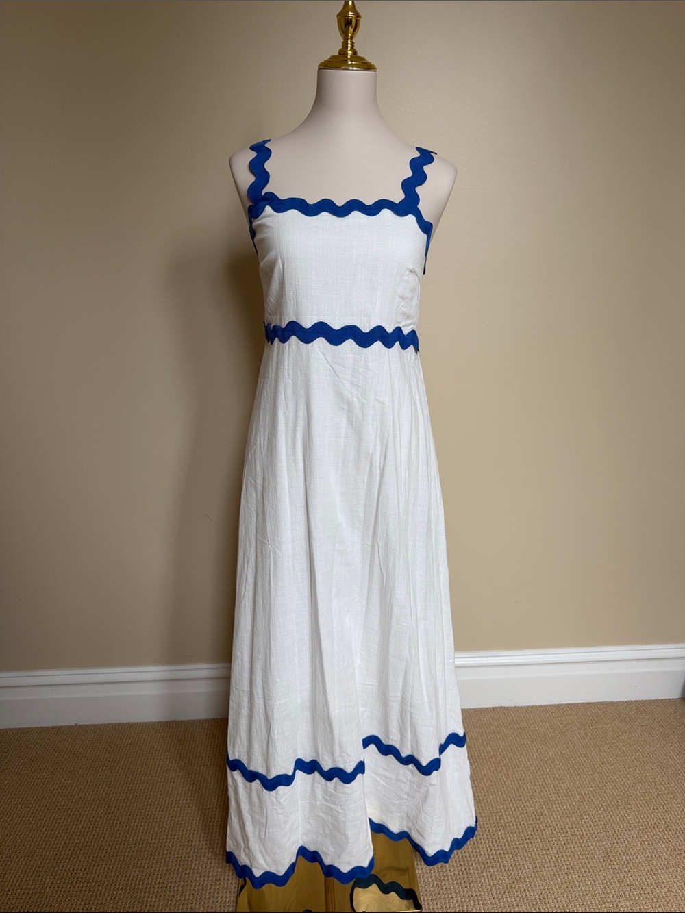 NWT LunaJany White Blue Ric Rac Maxi Dress Size M Coastal Resort